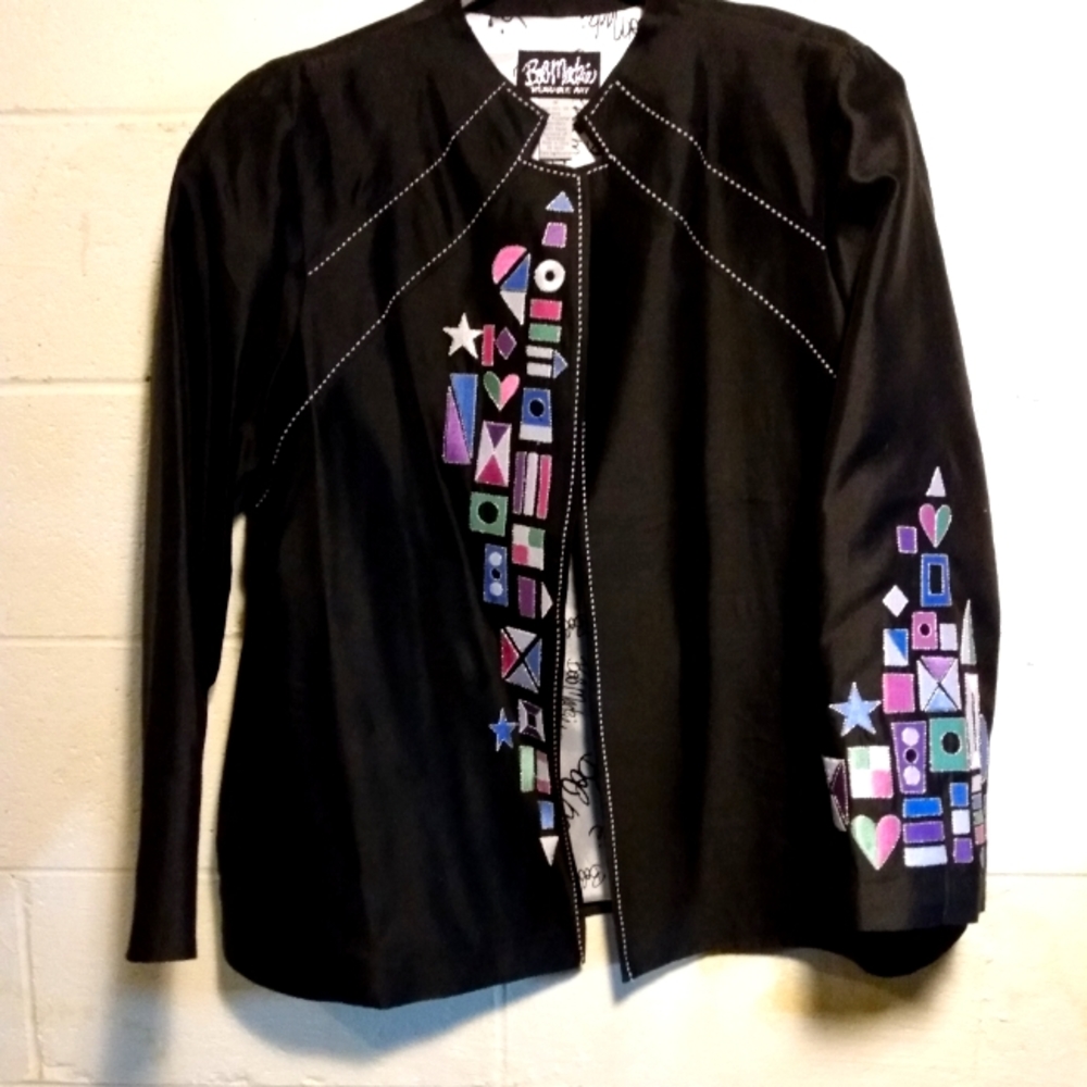 NWOT Bob Mackie Open Front Silk Jacket w/Colorful Embroidery